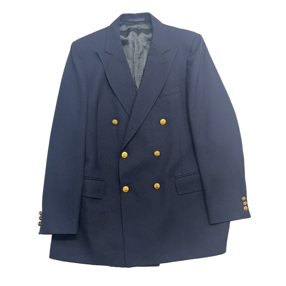 vtg Stanley Blacker 44L Navy Blue Hopsack Double Breasted Blazer Jacket USA